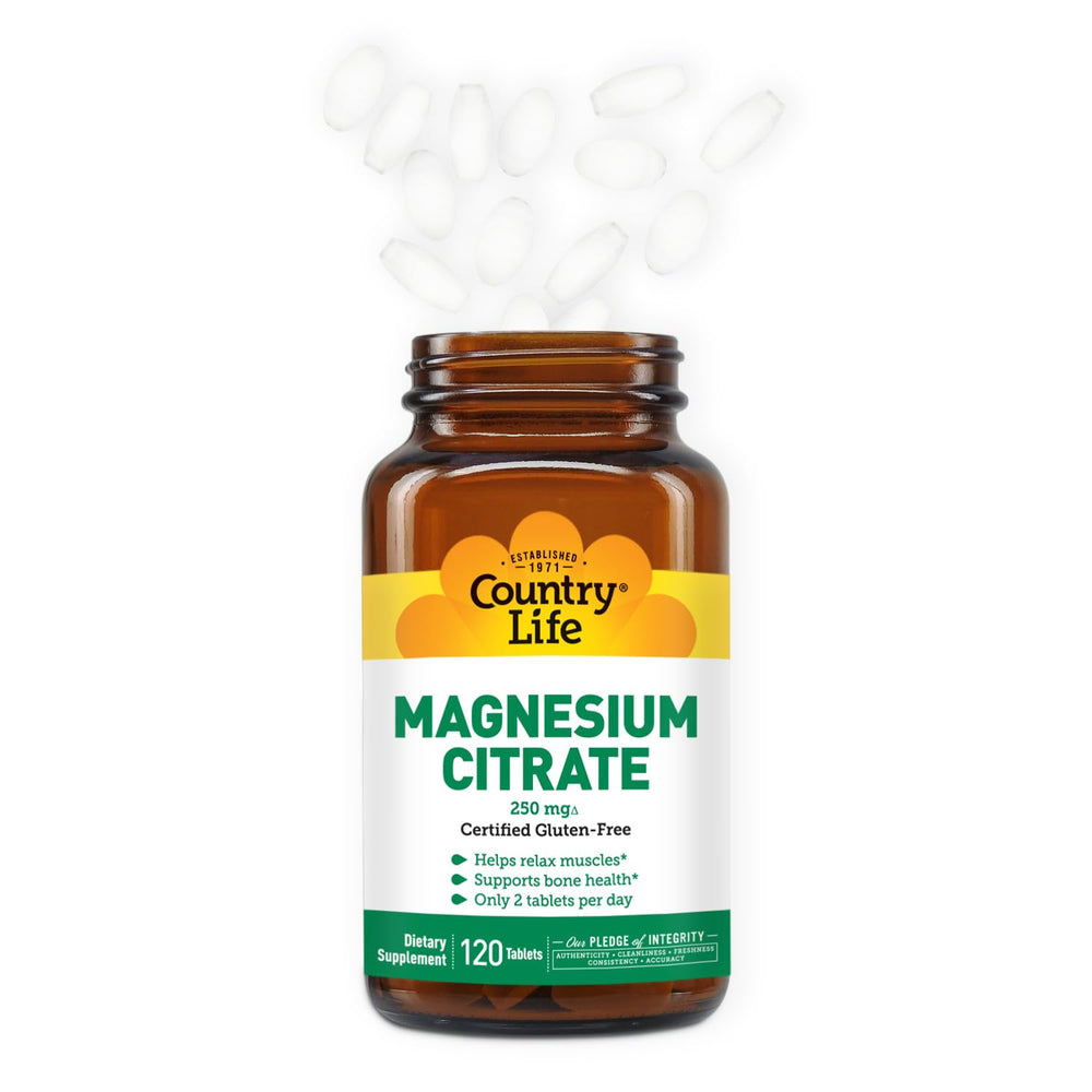 Country Life Magnesium Citrate bottle cap shows convenient daily dosing.