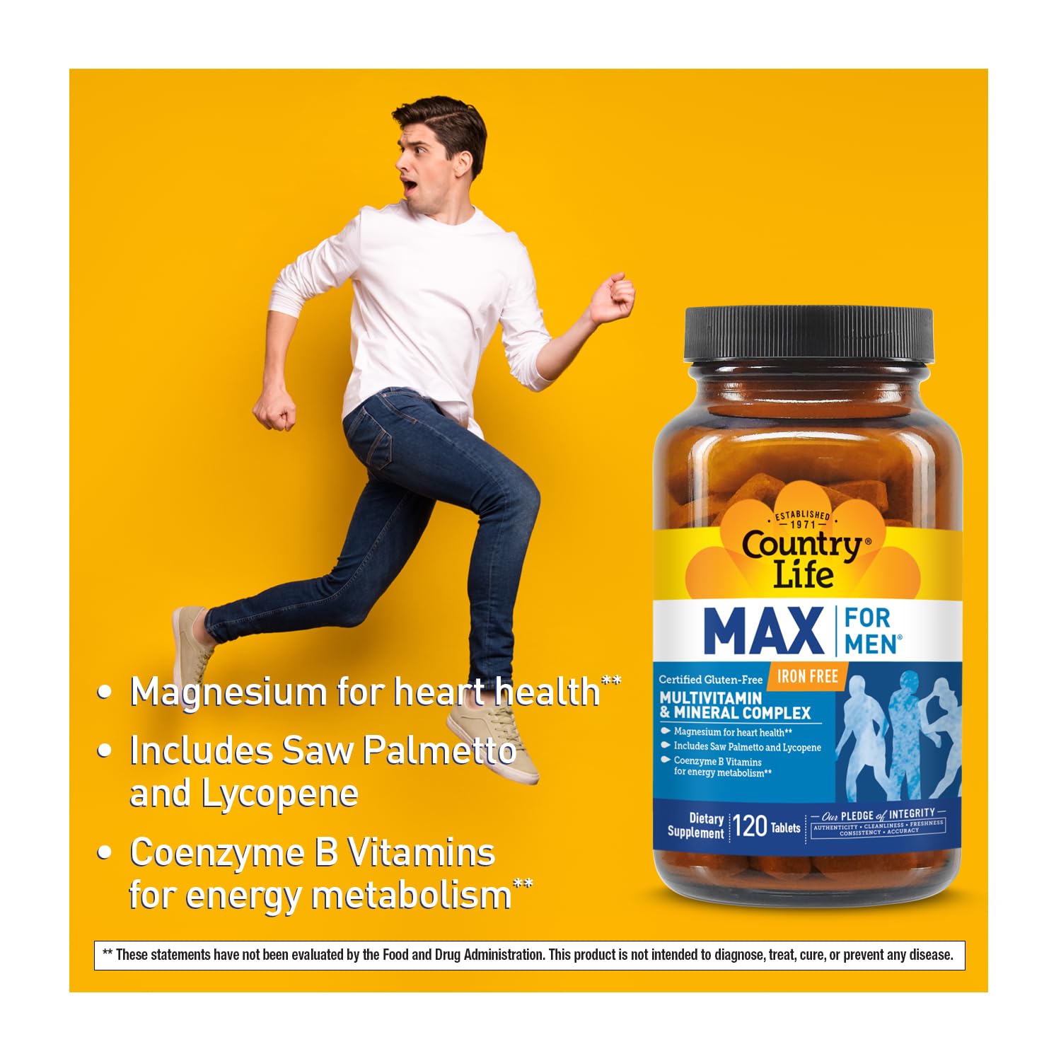 Country Life Max for Men daily dose scene with two tablets and food