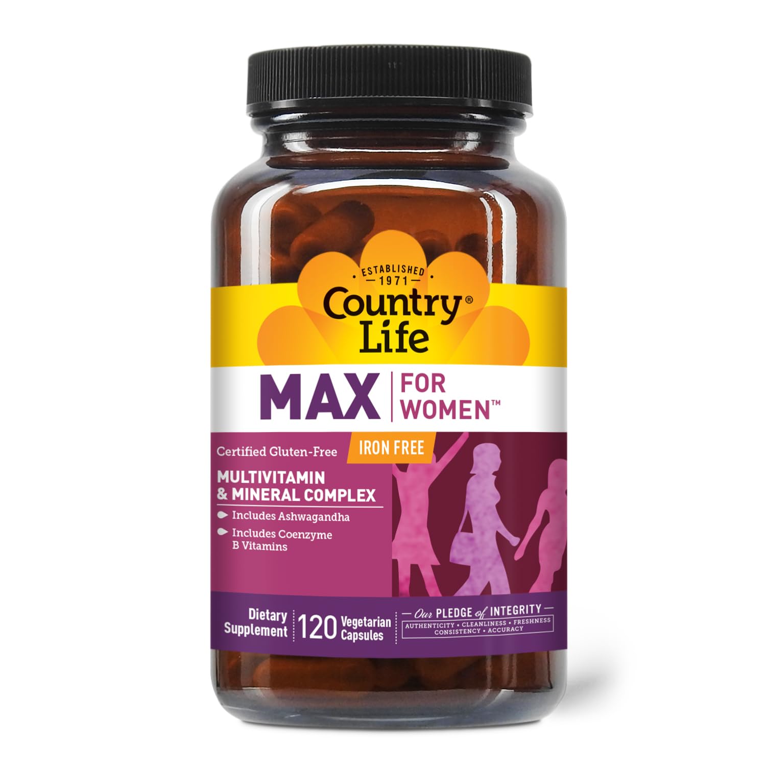 Country Life Max for Women bottle front view highlighting iron-free multivitamin option for daily wellness