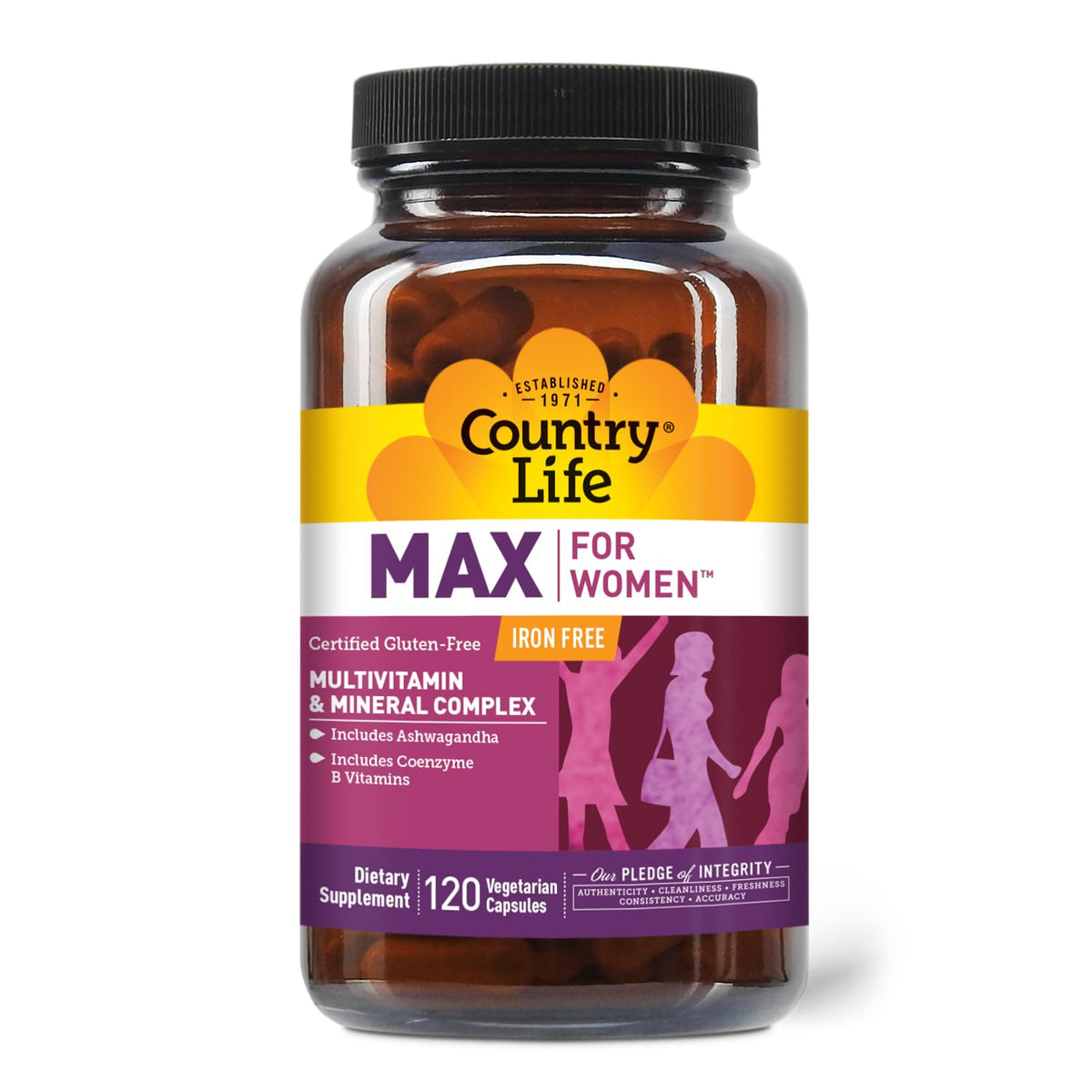 Country Life Max for Women bottle front view highlighting iron-free multivitamin option for daily wellness