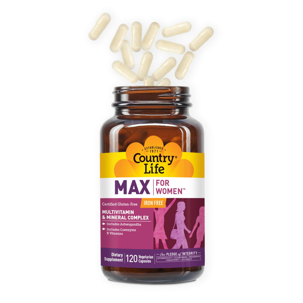 Country Life Max for Women label emphasizes no wheat, soy, milk, or artificial colors