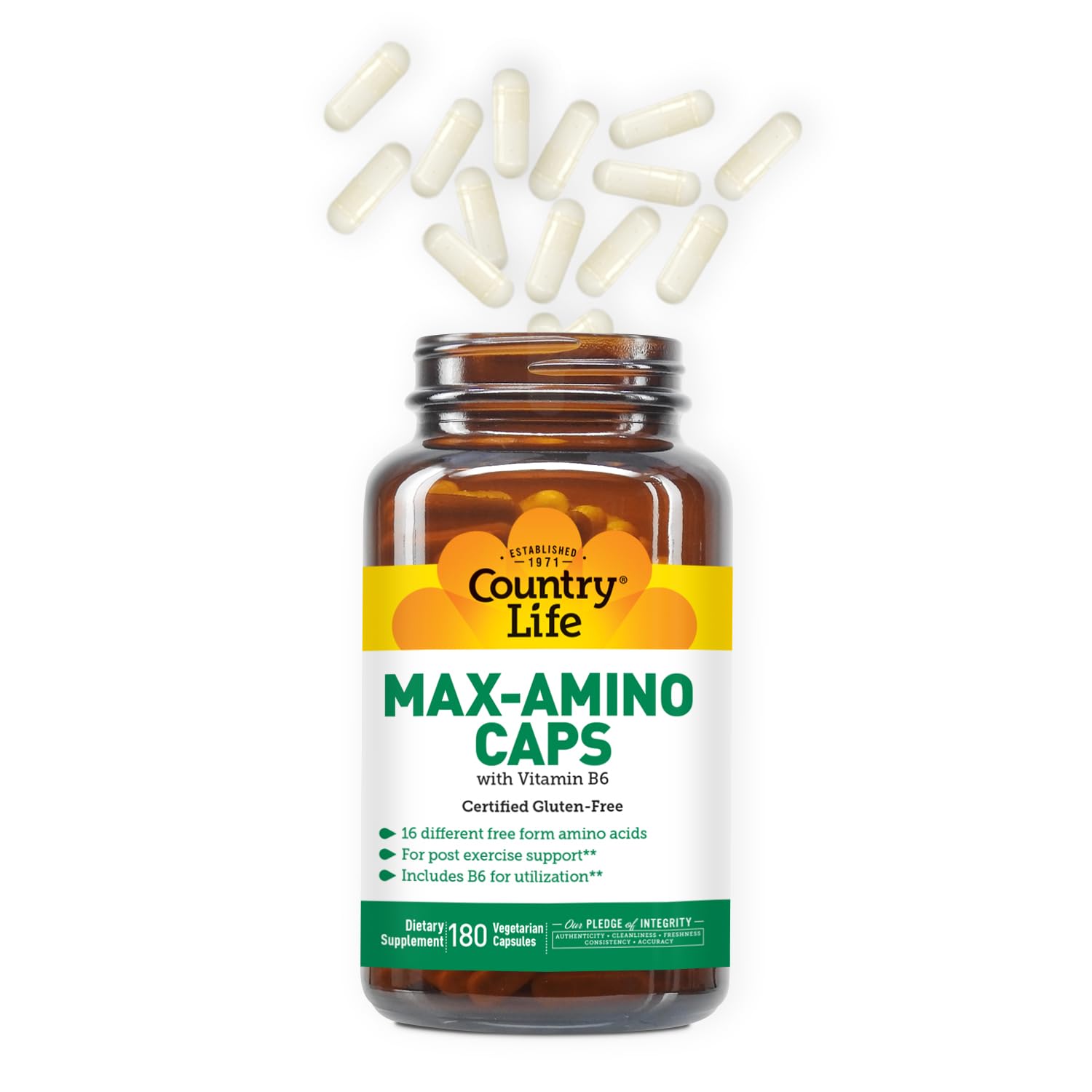 Country Life Maxi-Amino 90 capsules label showcases gluten-free, non-GMO nutrition