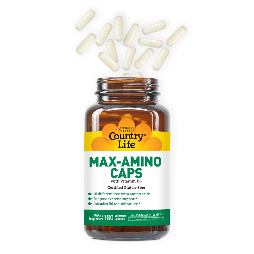 Country Life Maxi-Amino 90 capsules label showcases gluten-free, non-GMO nutrition