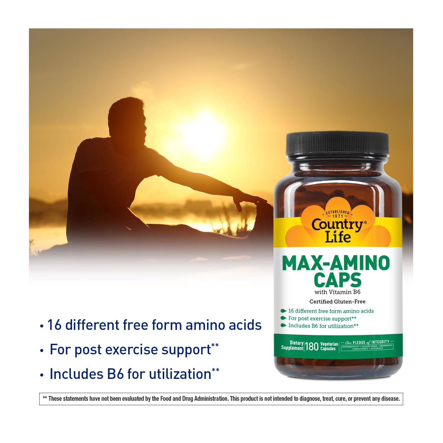 Country Life Maxi-Amino capsules closeup emphasizes easy daily amino acid intake
