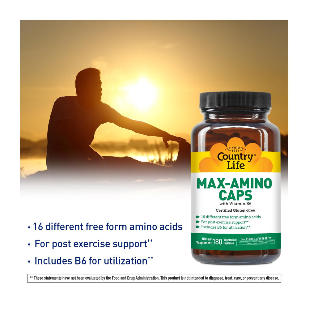 Country Life Maxi-Amino capsules closeup emphasizes easy daily amino acid intake