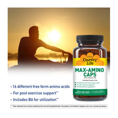 Country Life Maxi-Amino capsules closeup emphasizes easy daily amino acid intake