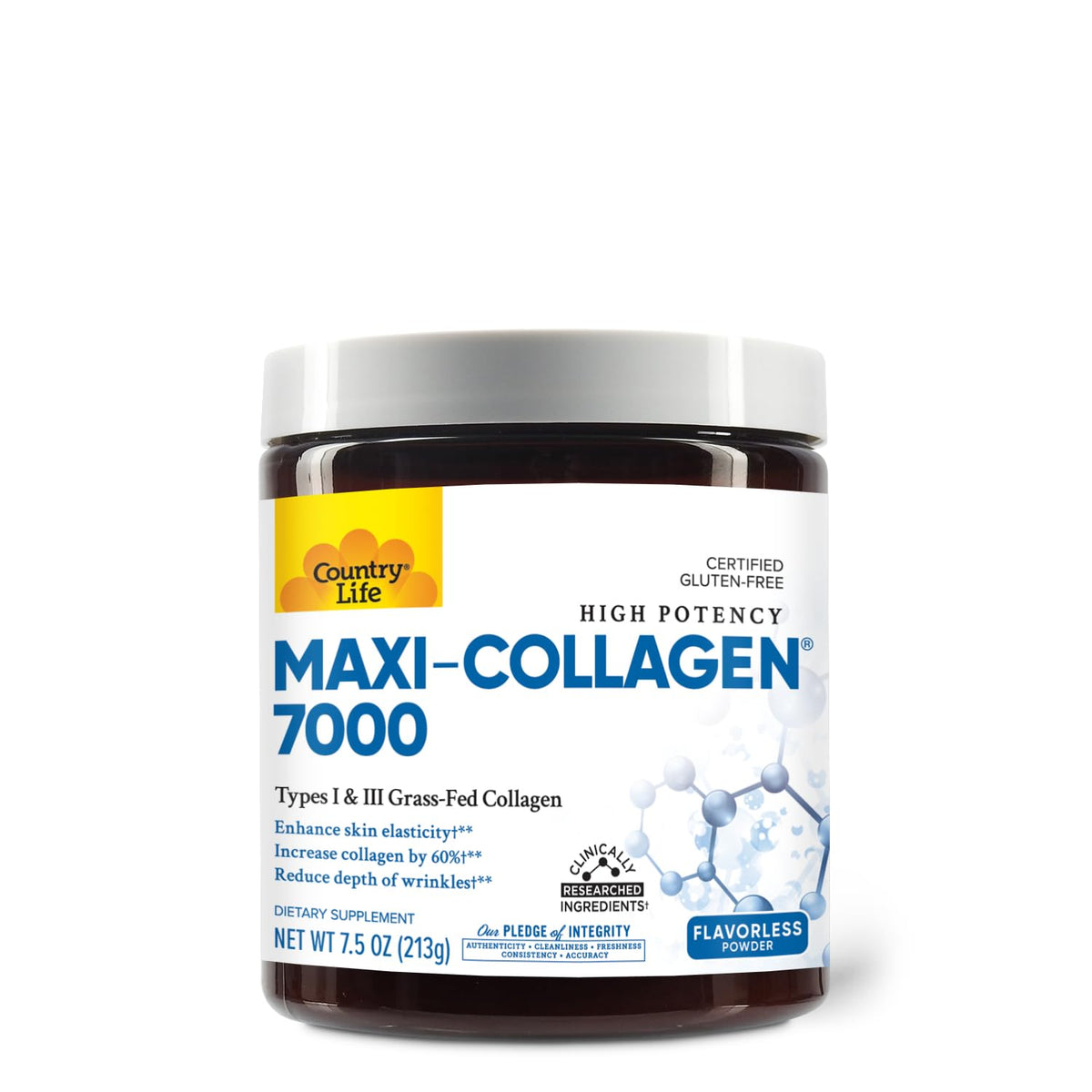Country Life Maxi-Collagen 7000 powder packaging highlights grass-fed collagen for skin support.