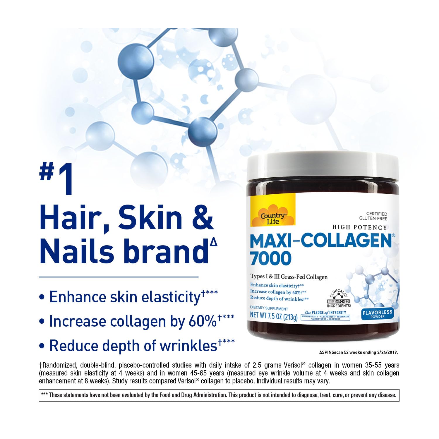 Country Life Maxi-Collagen 7000 powder scoop shows easy daily mixing into beverages.