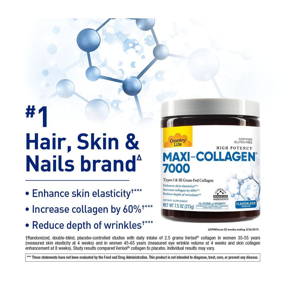 Country Life Maxi-Collagen 7000 powder scoop shows easy daily mixing into beverages.