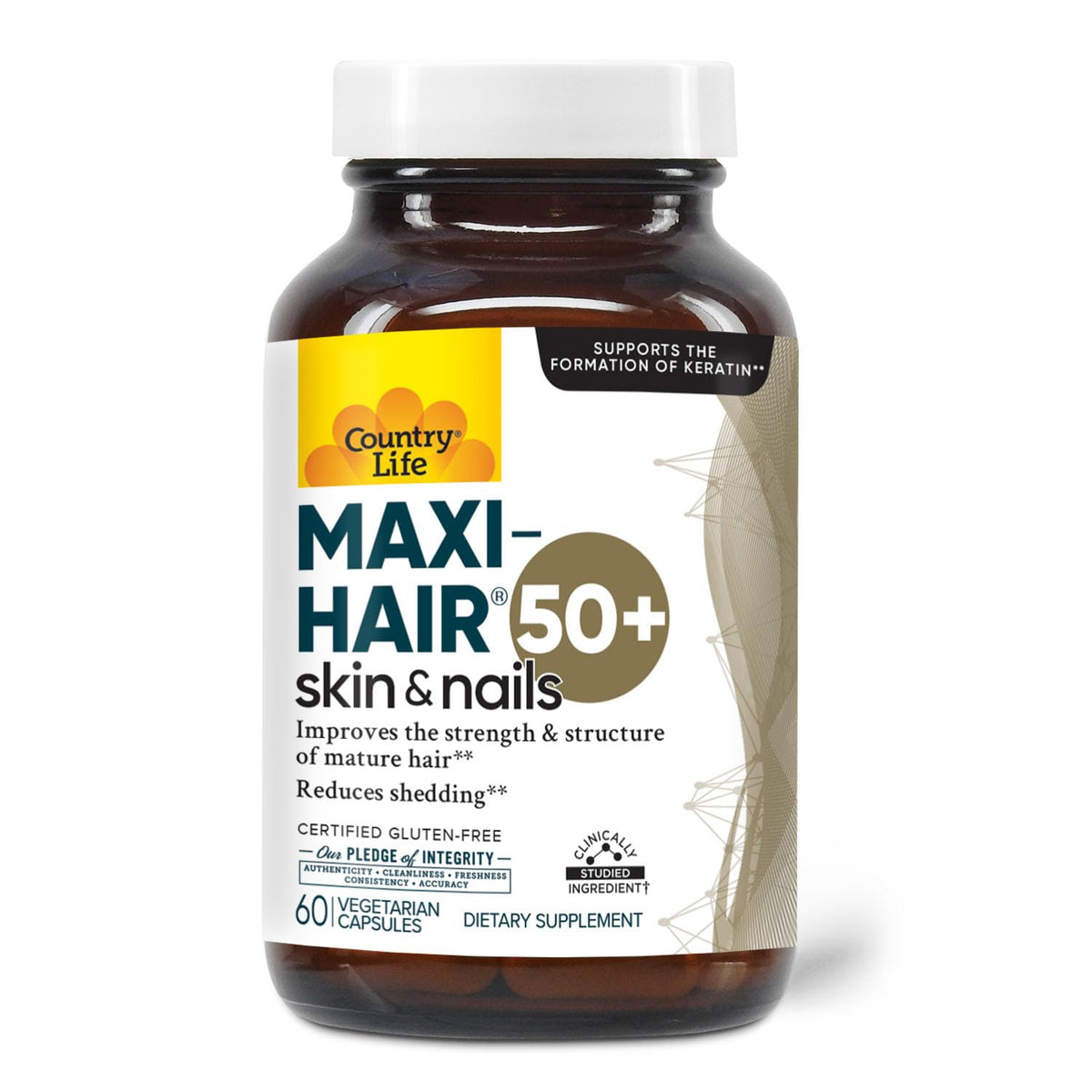 Country Life Maxi-Hair 50+ bottle shows a simple daily hair health routine.