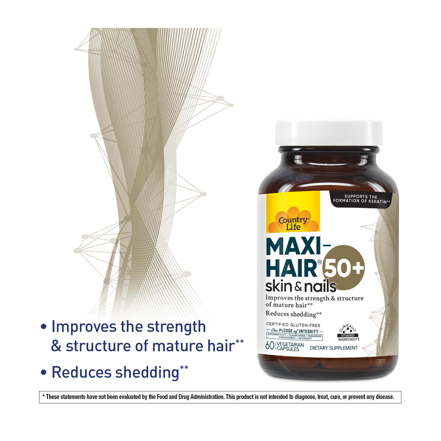 Country Life Maxi-Hair 50+ capsules arranged for convenient daily use.