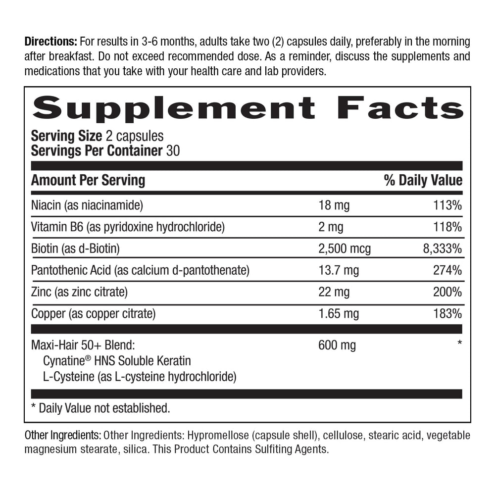 Country Life Maxi-Hair 50+ zinc capsule highlighting follicle health appeal.
