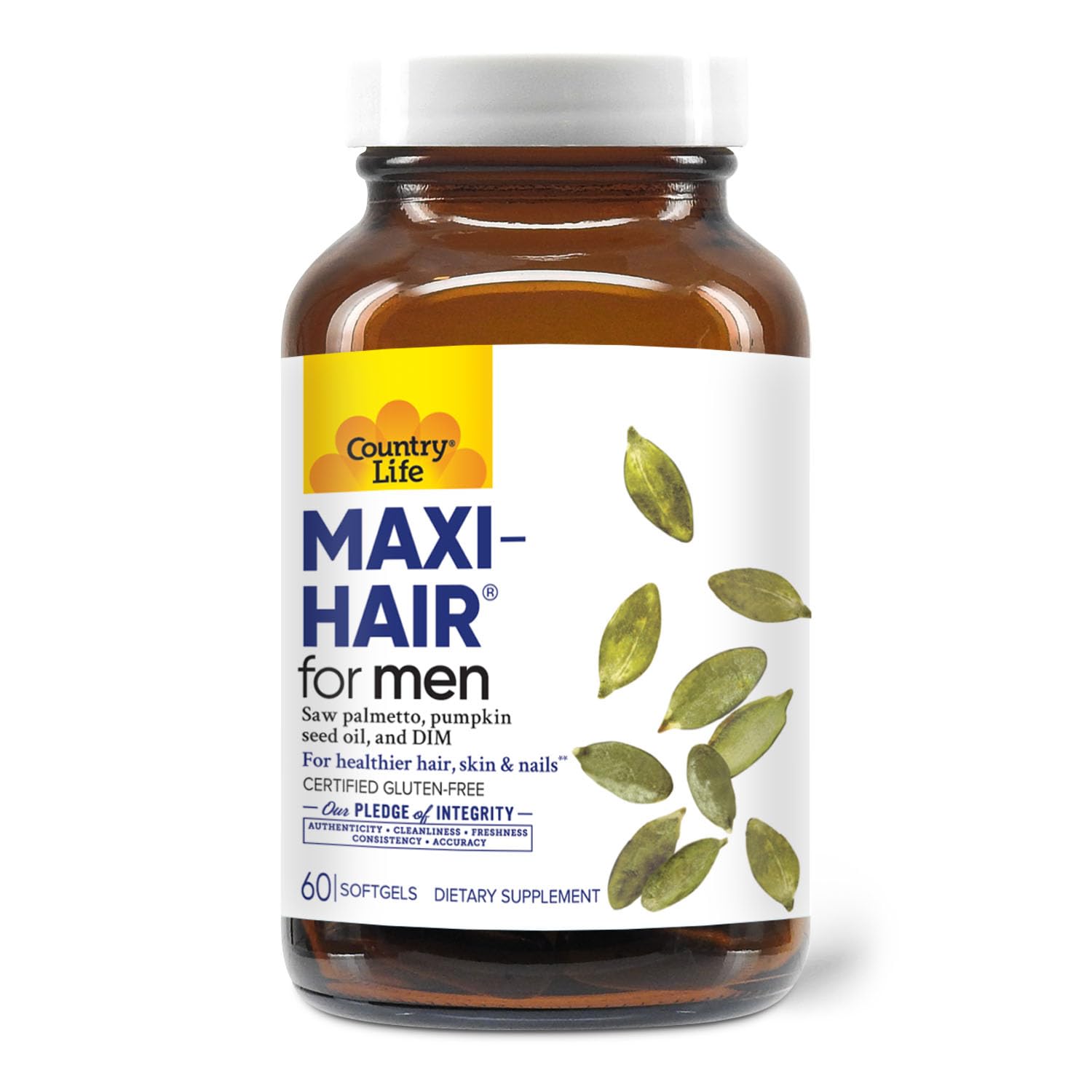 Country Life Maxi-Hair for Men bottle front showing daily supplement for hair and nails support