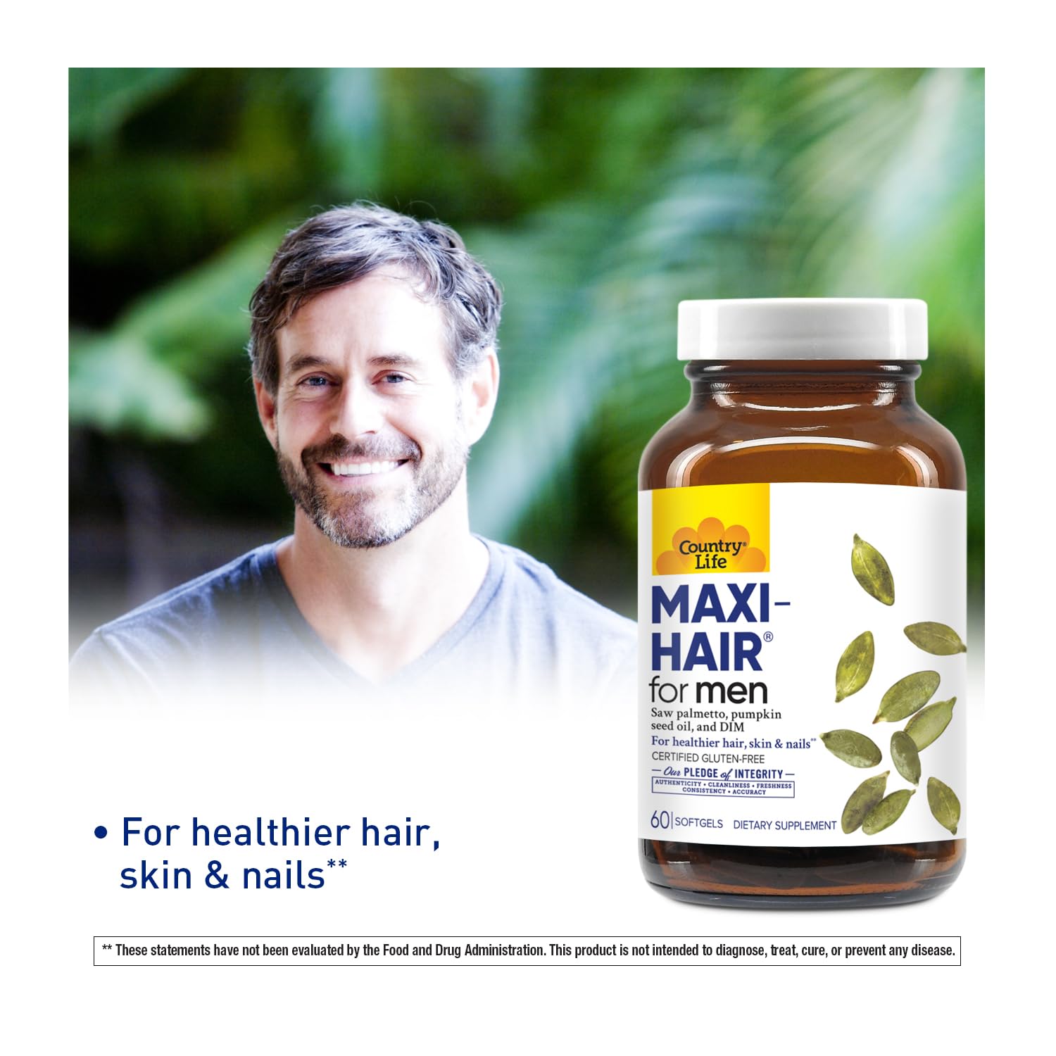 Country Life Maxi-Hair for Men capsules close-up highlighting biotin and minerals