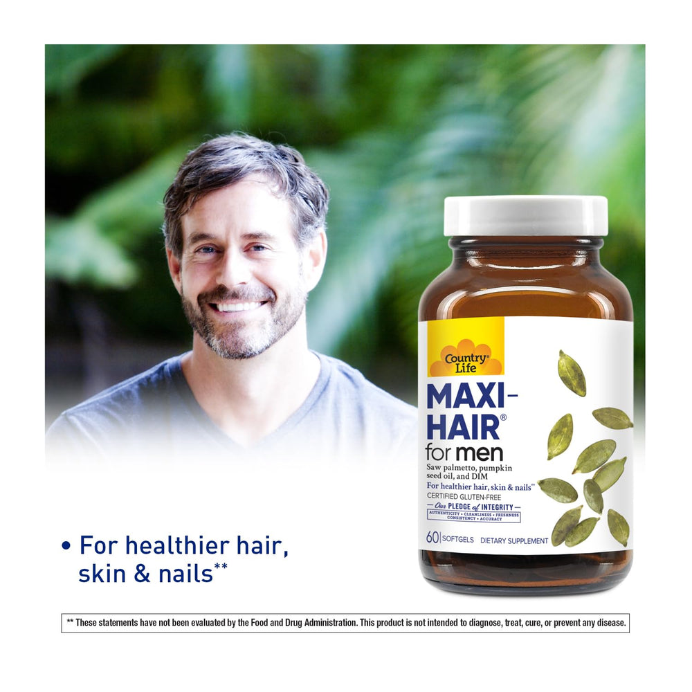 Country Life Maxi-Hair for Men capsules close-up highlighting biotin and minerals