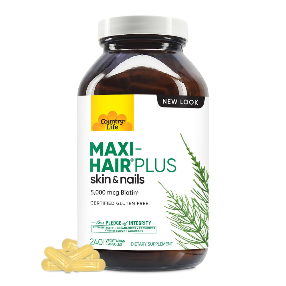 Country Life Maxi-Hair Plus Biotin bottle front view supporting daily beauty for hair and nails.