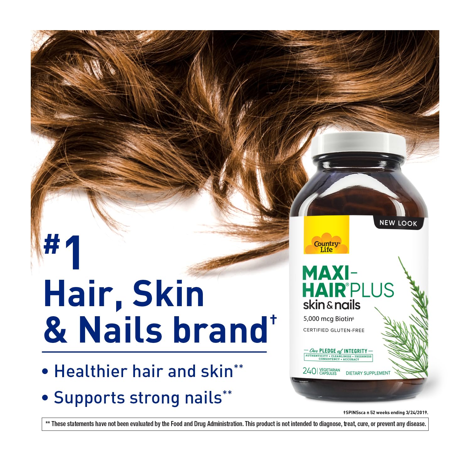 Country Life Maxi-Hair Plus Biotin capsules closeup for easy daily routine.