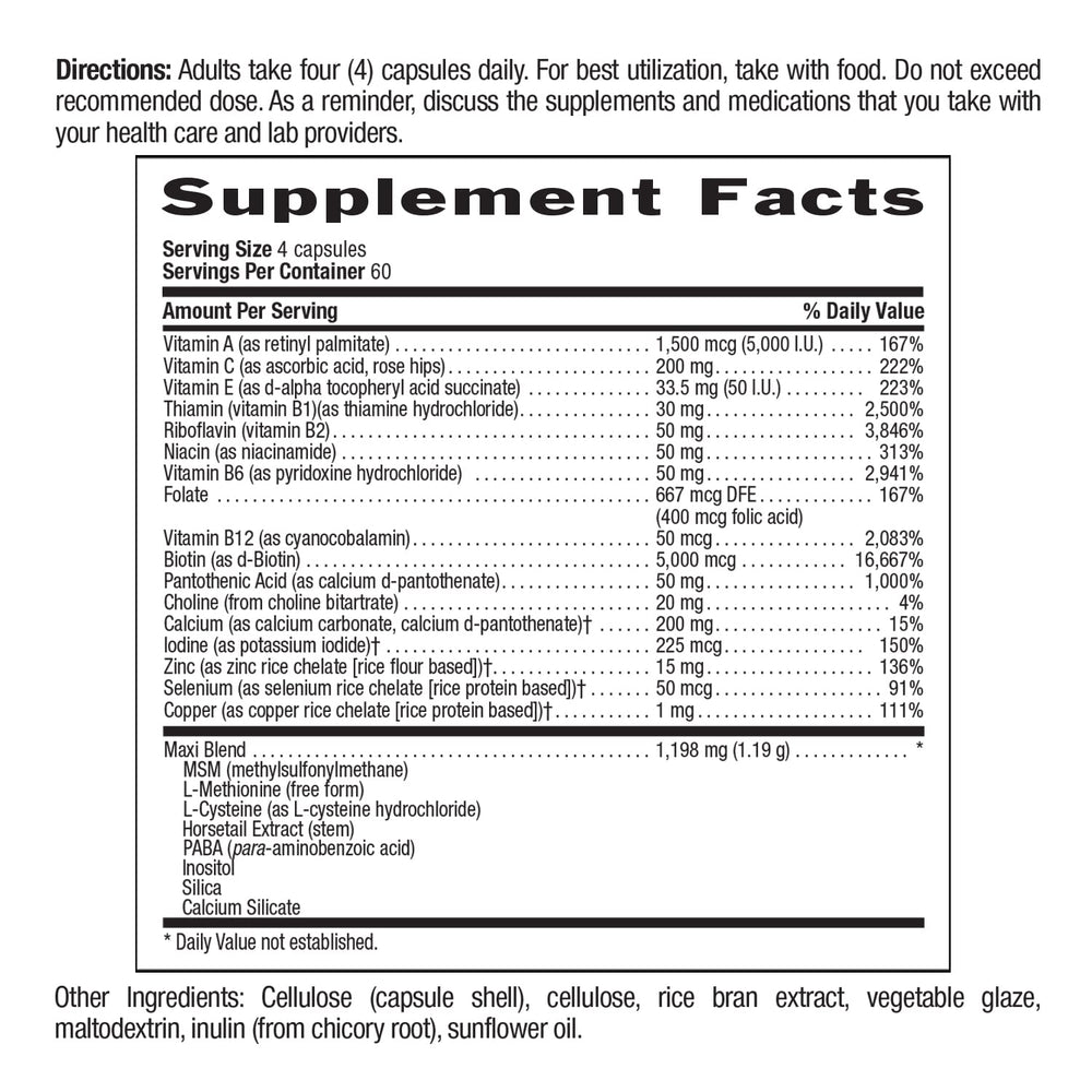 Country Life Maxi-Hair Plus Biotin dosage panel image shows clear daily guidance.