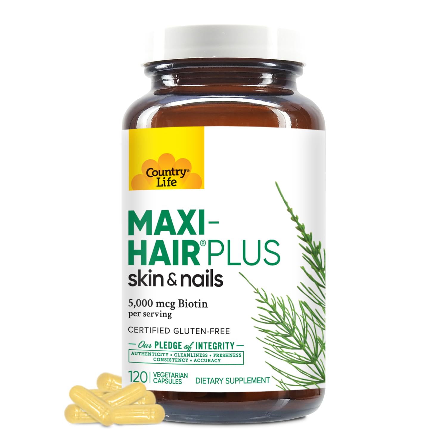 Country Life Maxi-Hair Plus bottle front showing product label for hair skin nails support