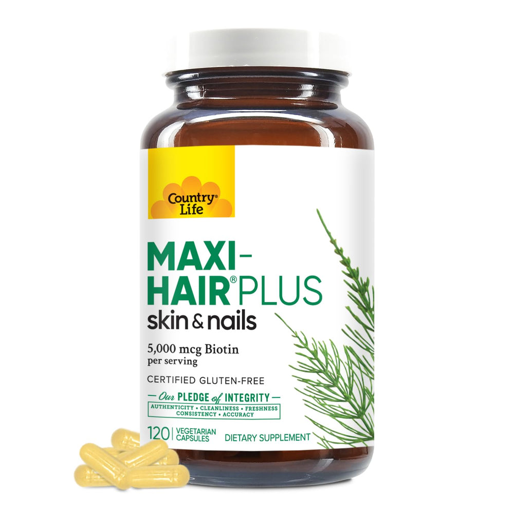Country Life Maxi-Hair Plus bottle front showing product label for hair skin nails support