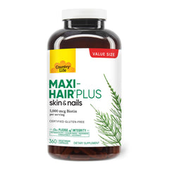 Country Life Maxi-Hair Plus bottle front signals gluten-free beauty support for hair
