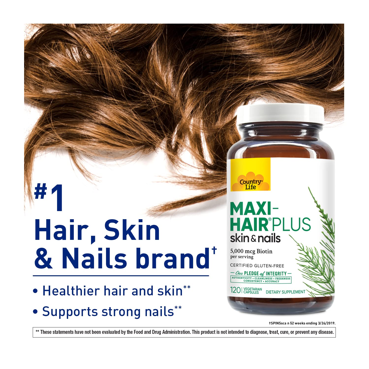 Country Life Maxi-Hair Plus bottle label close-up highlighting gluten-free vegetarian formula