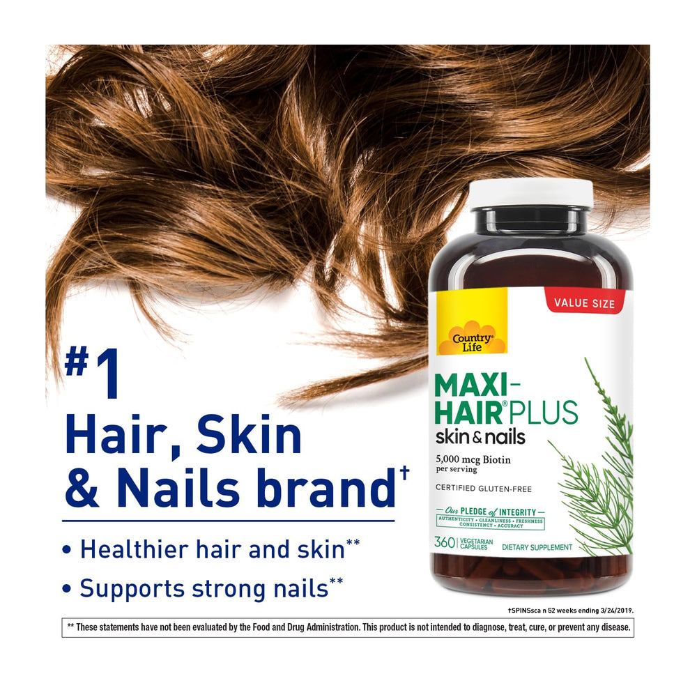 Country Life Maxi-Hair Plus capsules closeup, showcasing daily biotin-based hair and skin support