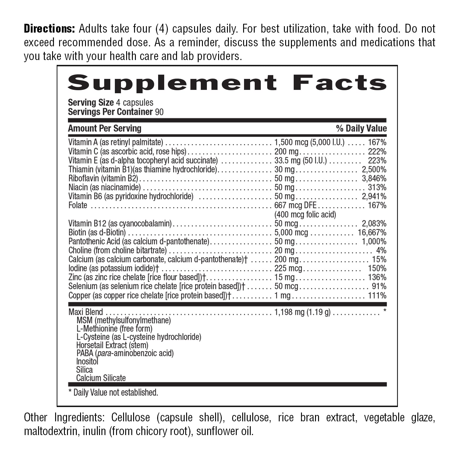 Country Life Maxi-Hair Plus ingredients list shows MSM and amino blend for beauty support
