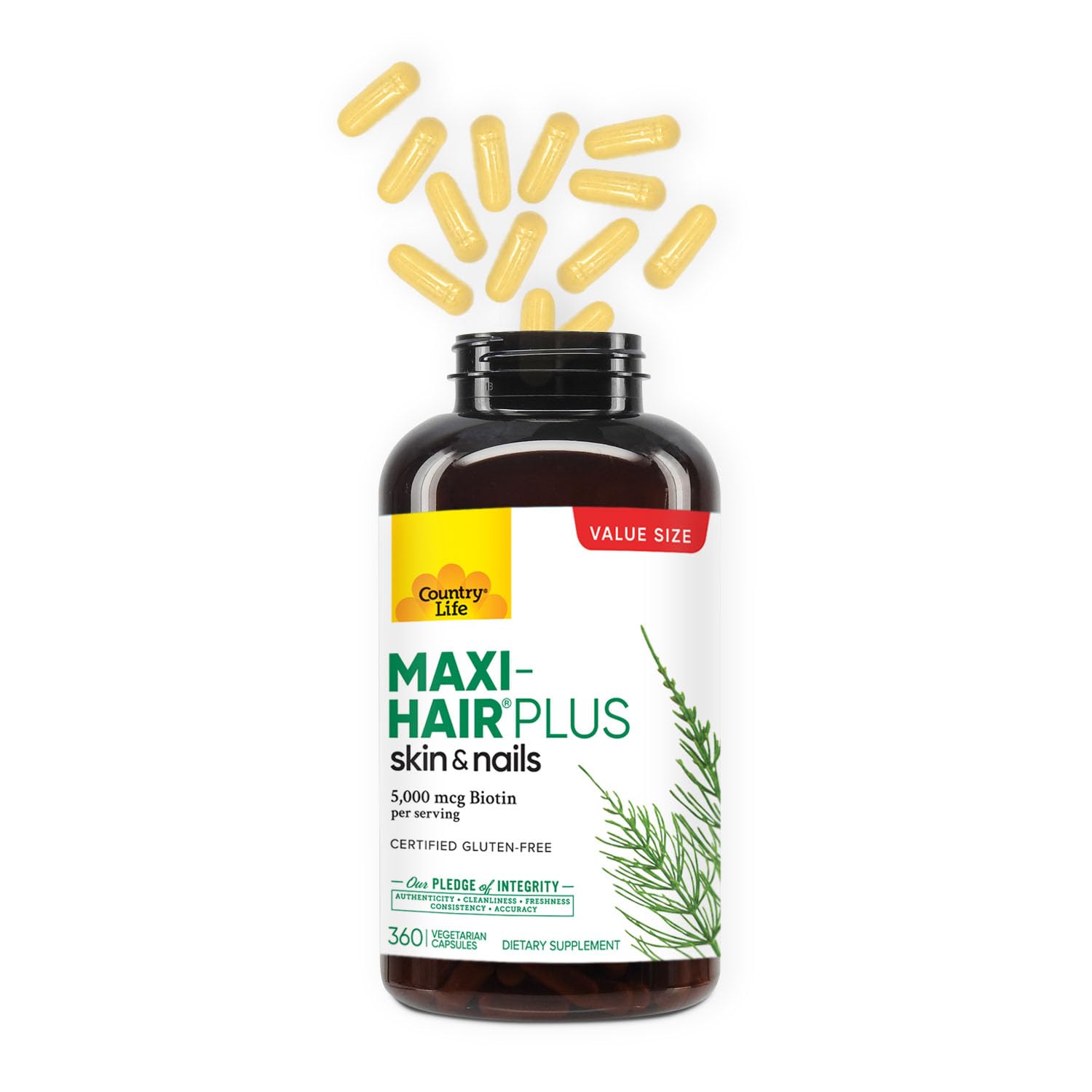 Country Life Maxi-Hair Plus label back highlights gluten-free and vegetarian certification