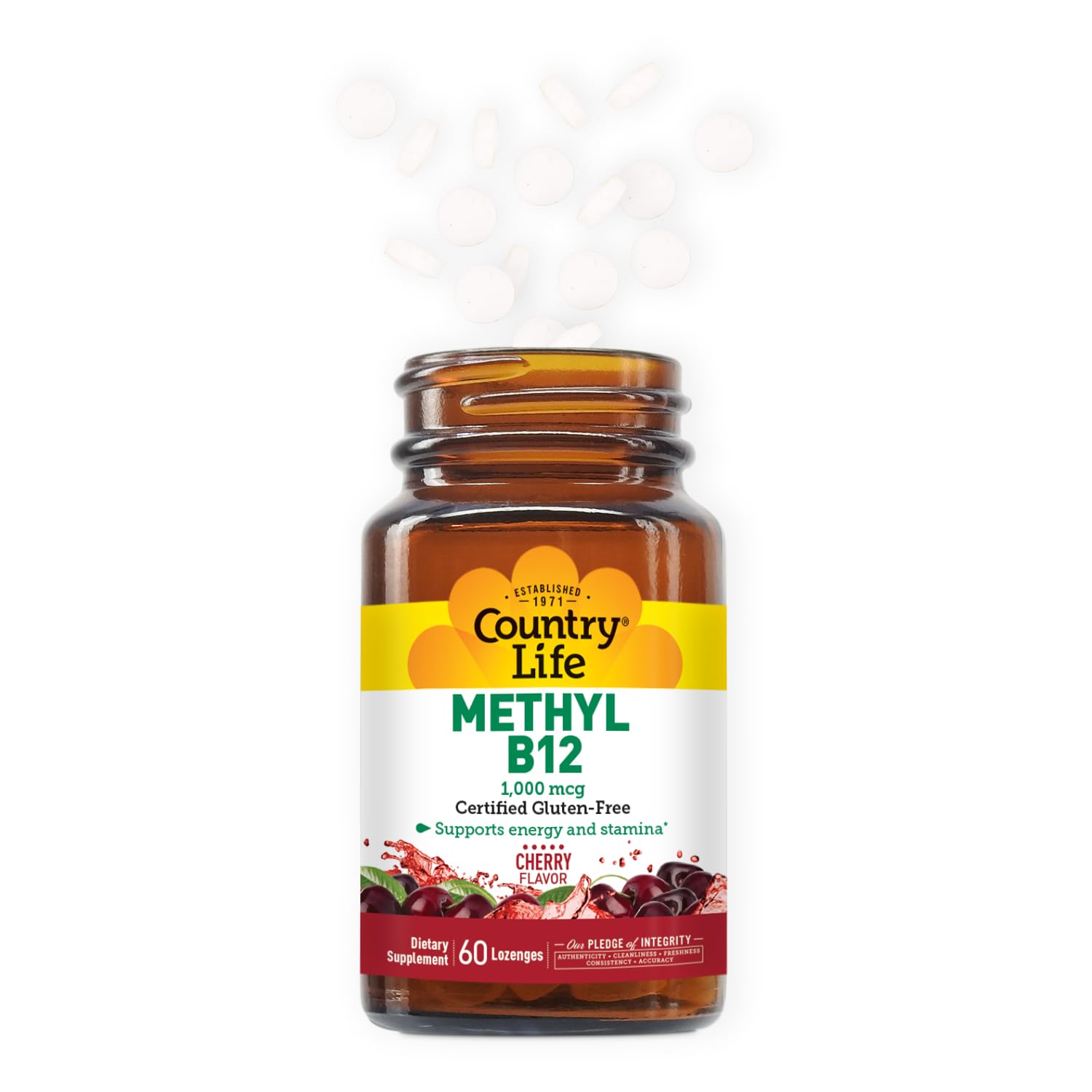 Country Life Methyl B12 bottle label highlights 1000 mcg potency.