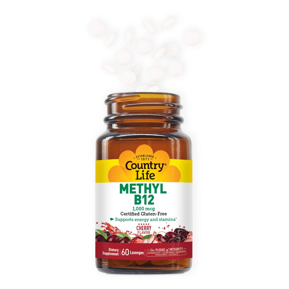 Country Life Methyl B12 bottle label highlights 1000 mcg potency.