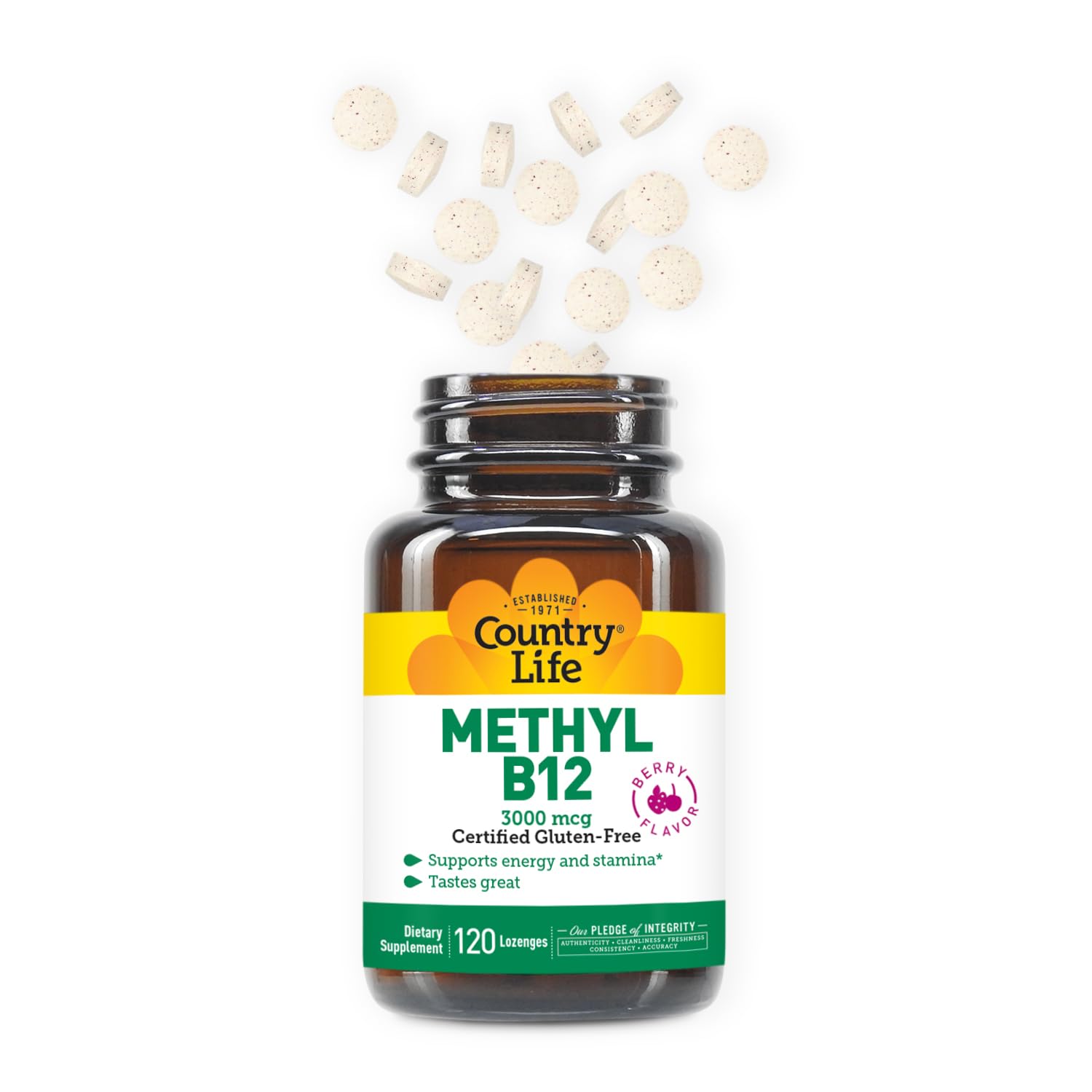 Country Life Methyl B12 Lozenges berry flavor packaging close-up shows easy absorption promise