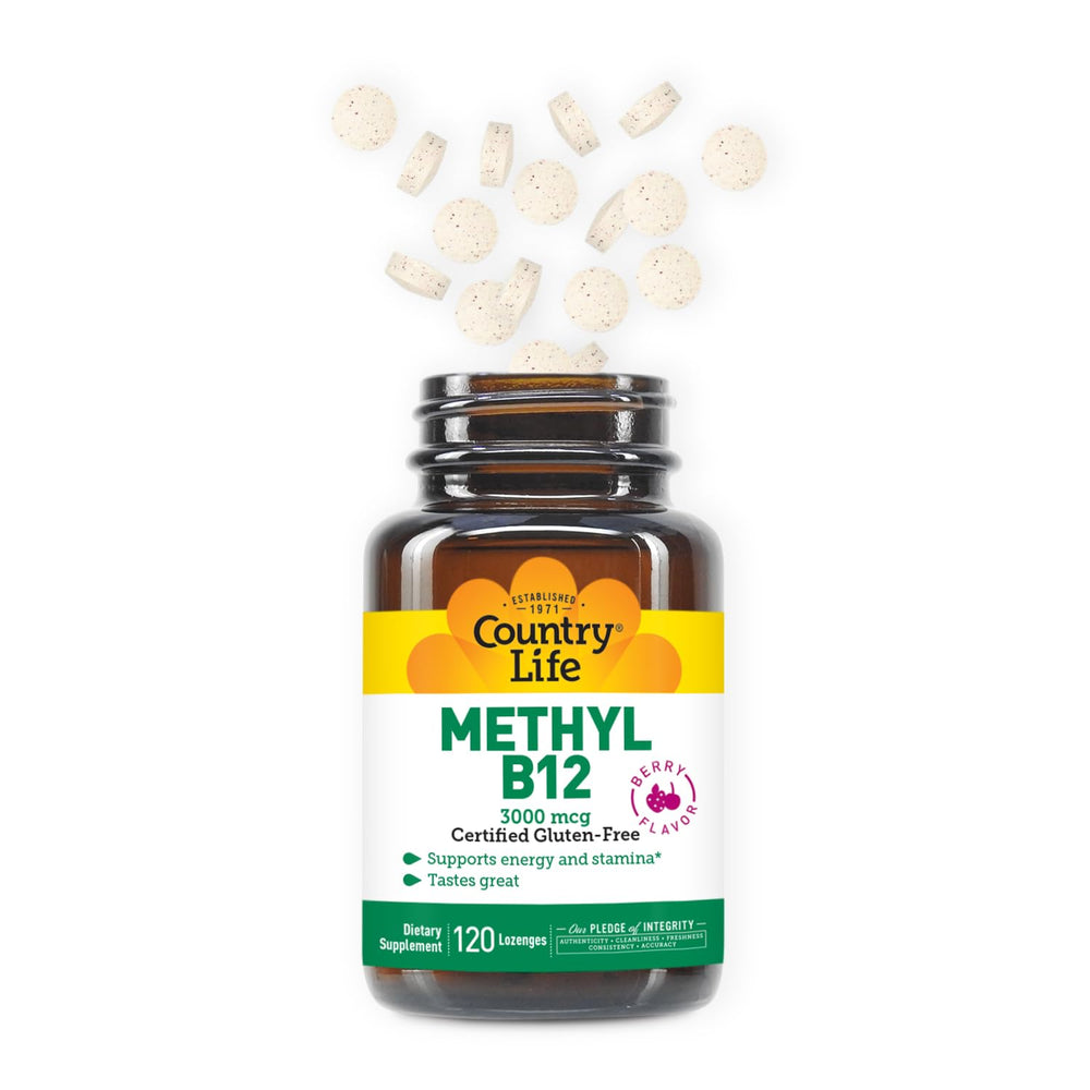 Country Life Methyl B12 Lozenges berry flavor packaging close-up shows easy absorption promise