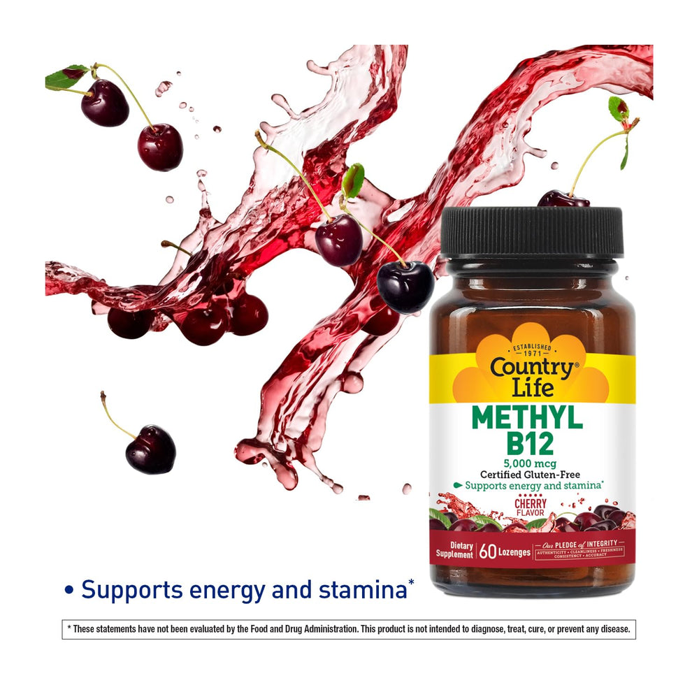 Country Life methyl B12 lozenges close-up label highlighting vegan and gluten-free quality