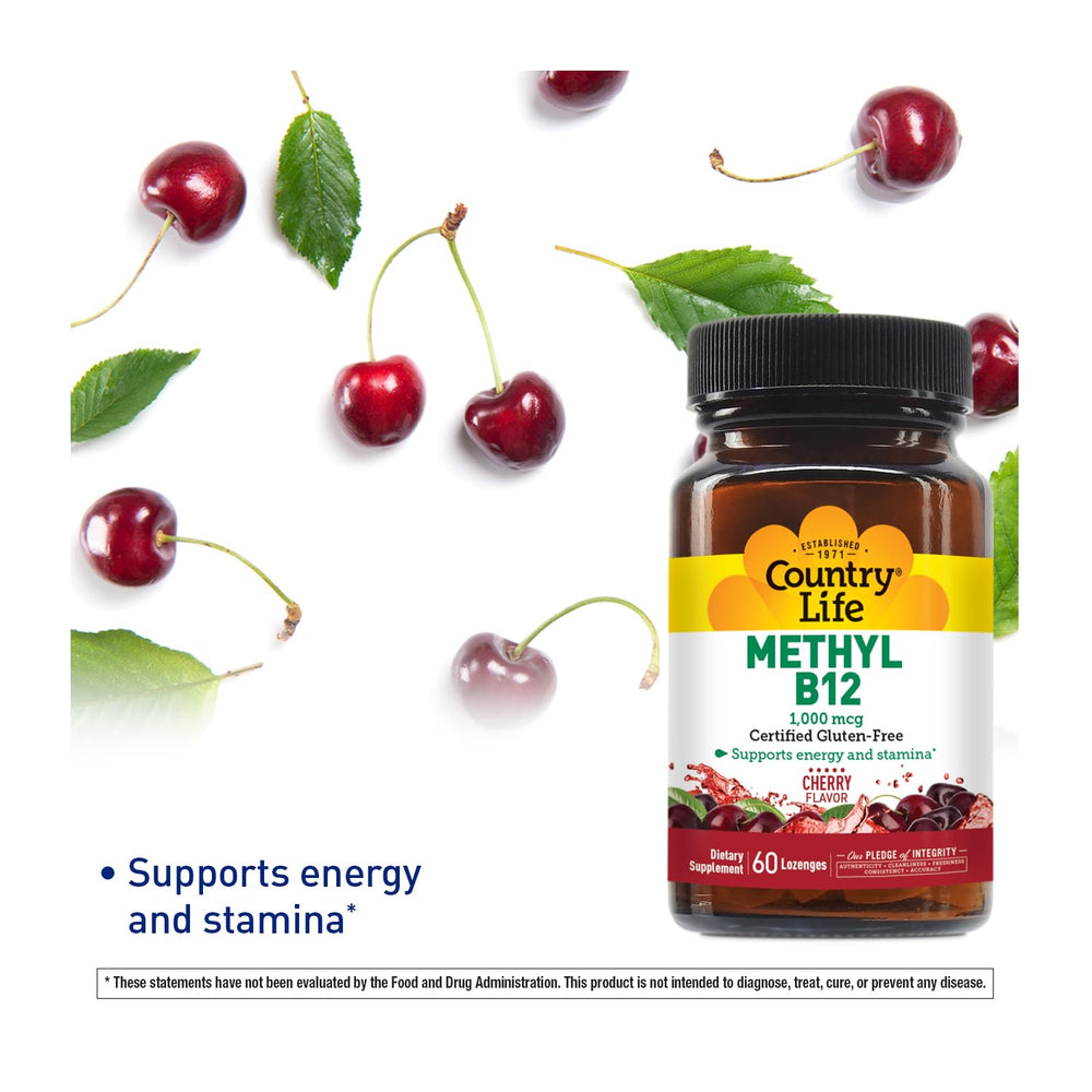 Country Life Methyl B12 lozenges dispensing scene suggests easy daily routine.