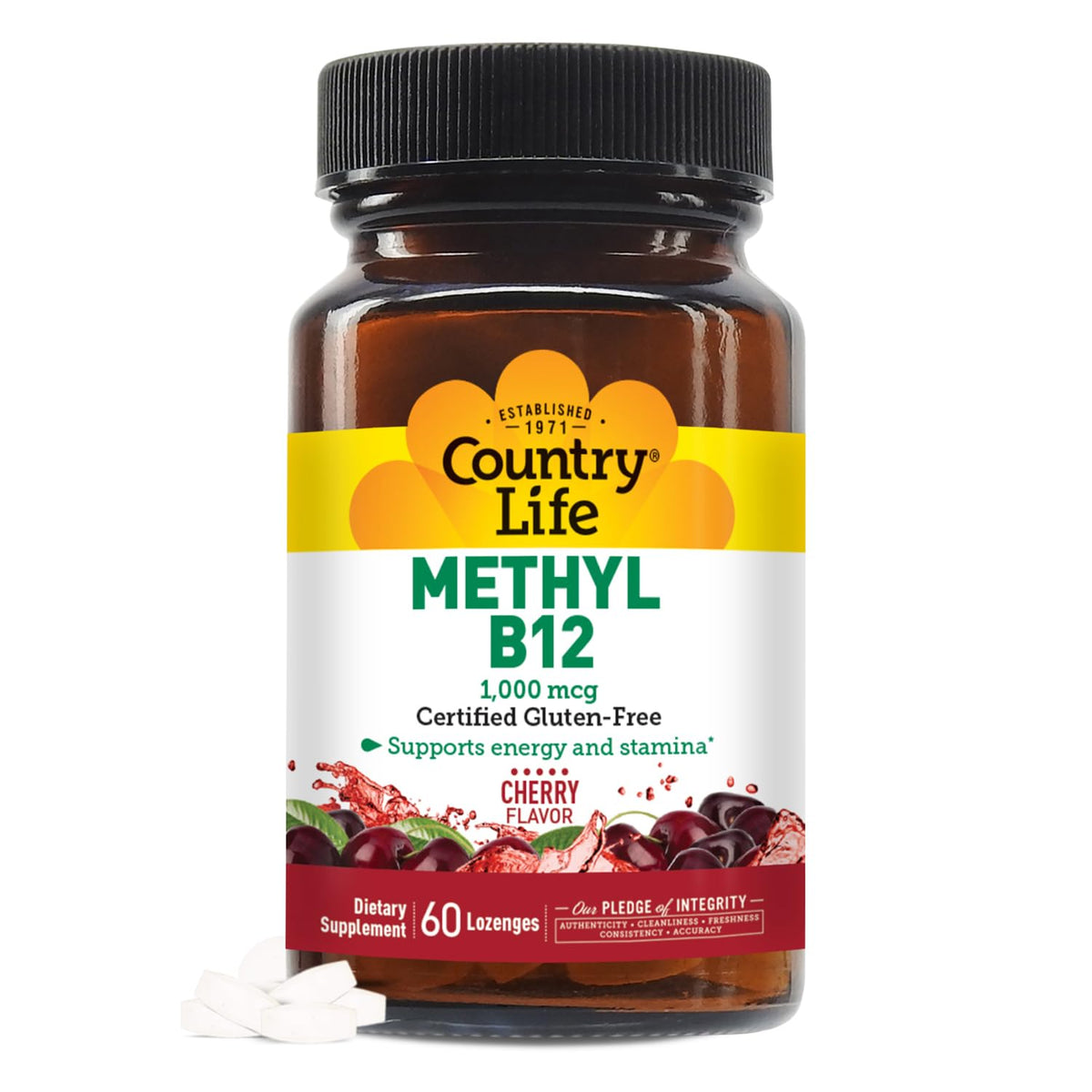 Country Life Methyl B12 lozenges front view bottle emphasizes energy support.