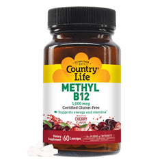 Country Life Methyl B12 lozenges front view bottle emphasizes energy support.