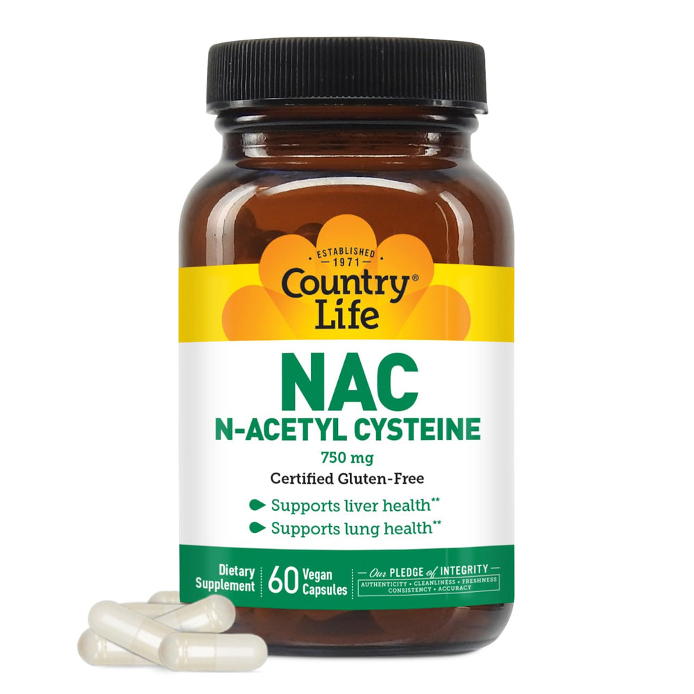 Country Life NAC bottle and capsules for liver support and antioxidant protection.