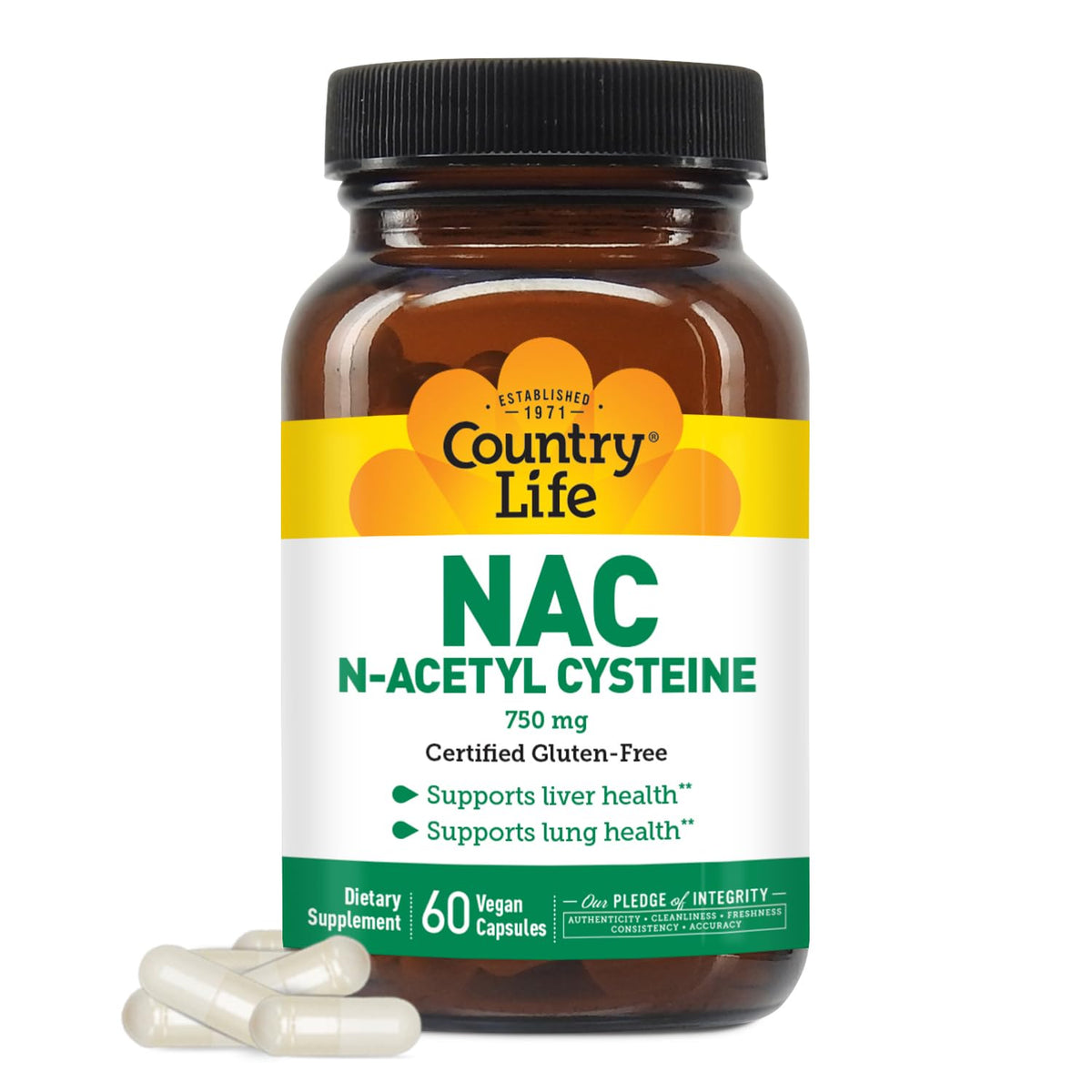 Country Life NAC bottle and capsules for liver support and antioxidant protection.
