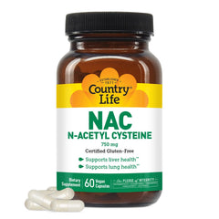 Country Life NAC bottle and capsules for liver support and antioxidant protection.