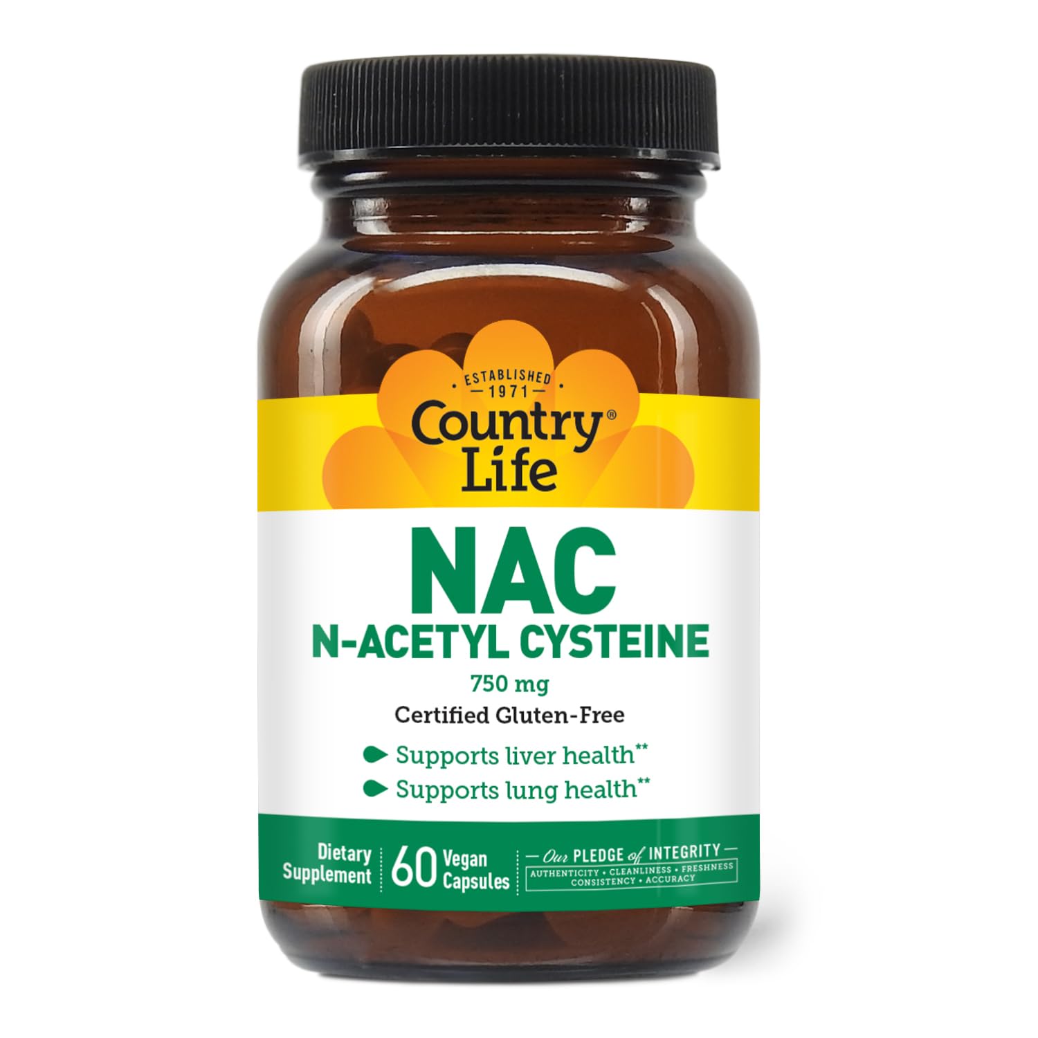 Country Life NAC capsules close-up showing 750 mg dosage and smooth release.