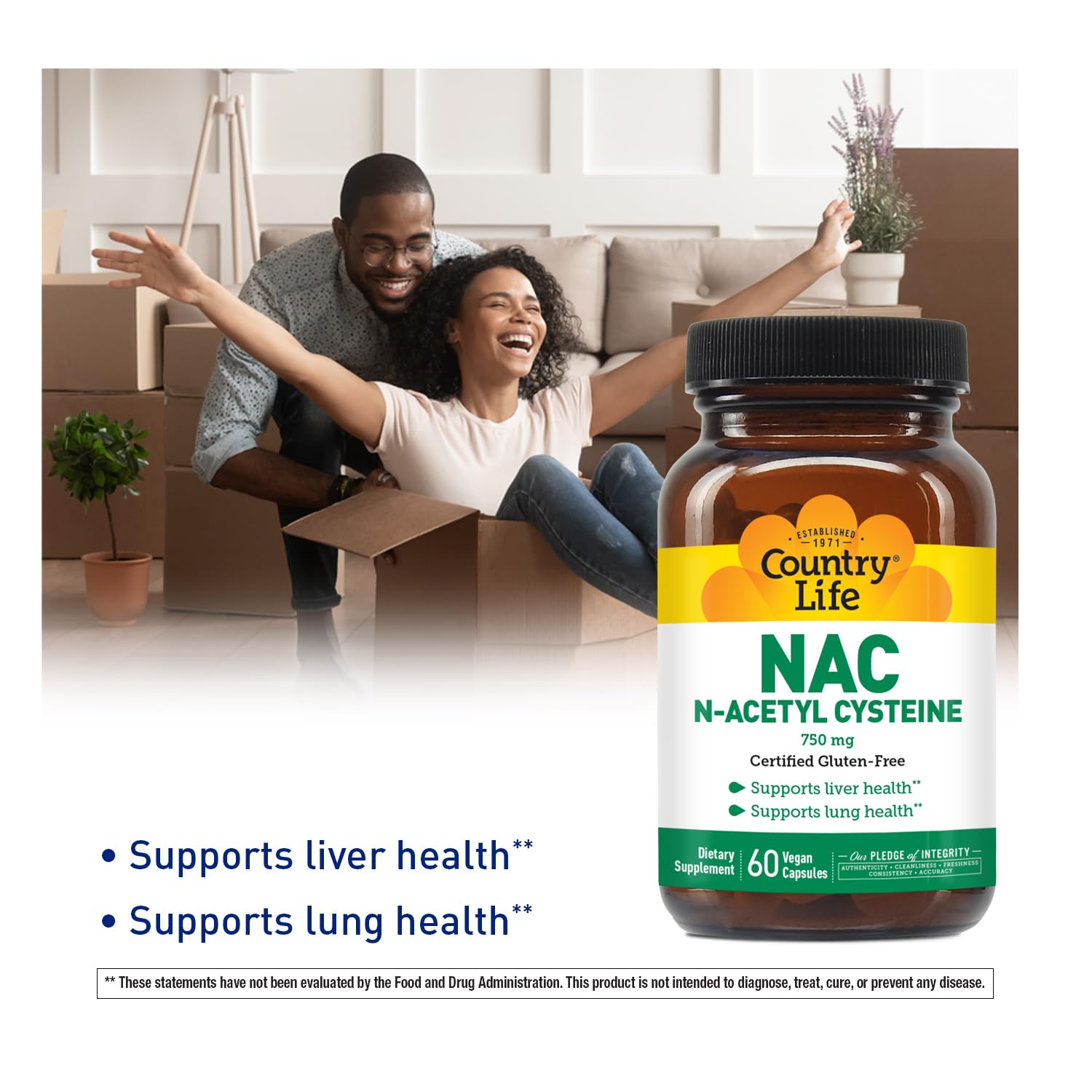 Country Life NAC label detail highlighting vegan and gluten-free ingredients.