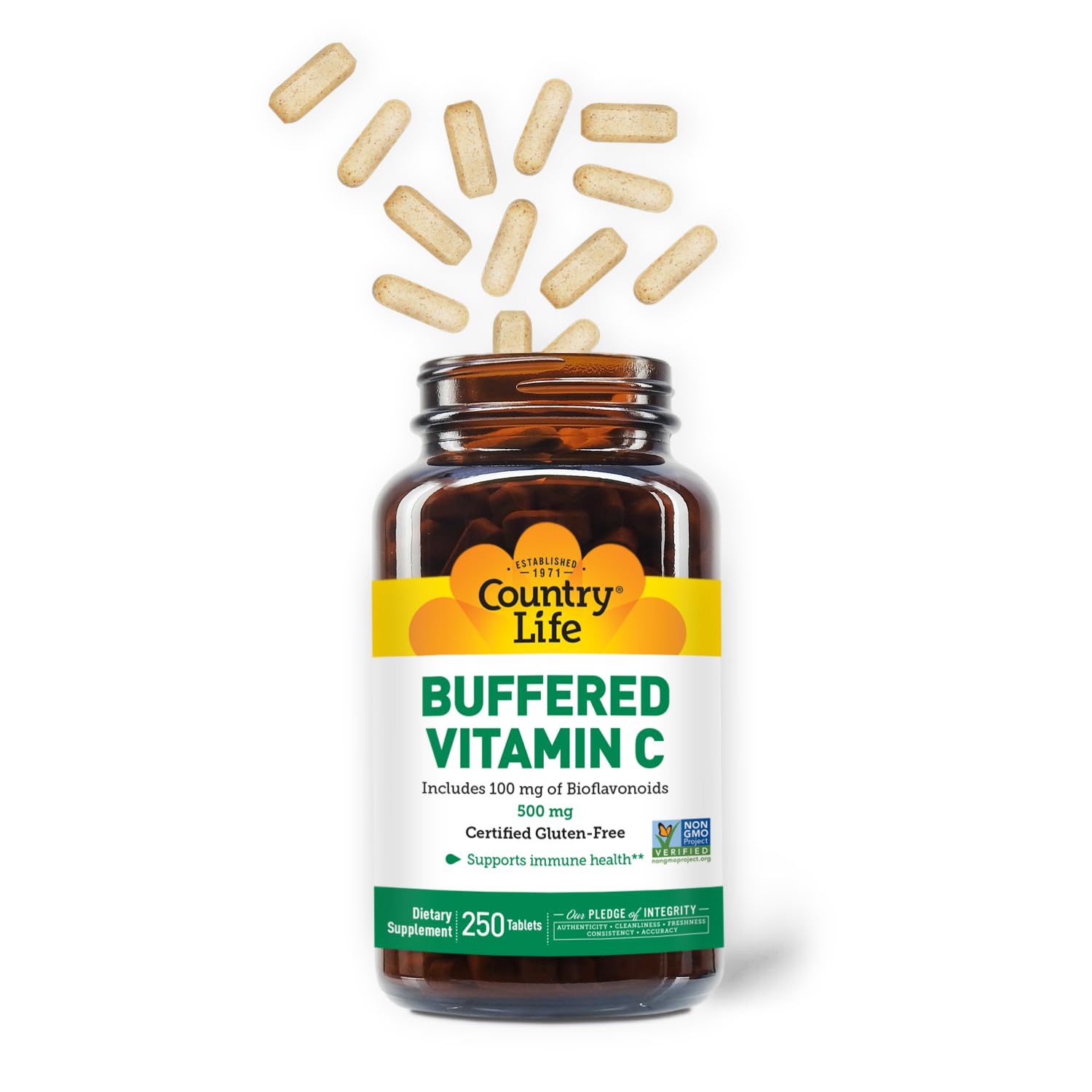 Country Life Vitamin C Buffered label highlights 500 mg and 150 mg bioflavonoids.