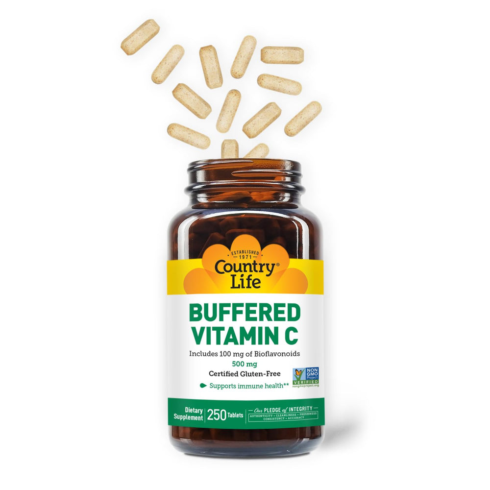 Country Life Vitamin C Buffered label highlights 500 mg and 150 mg bioflavonoids.