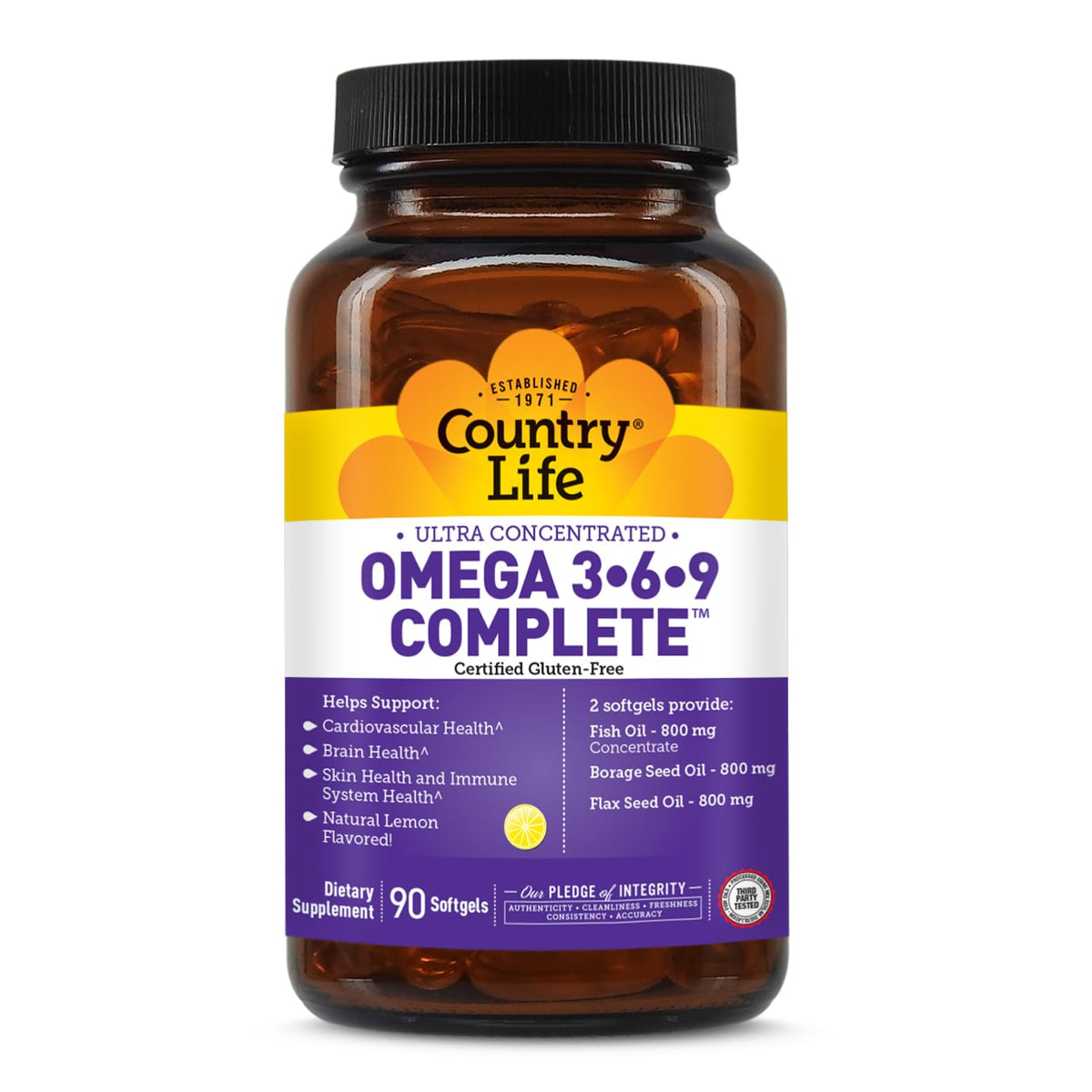Country Life Omega 3-6-9 complete bottle on a clean counter with potential cardiovascular support