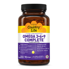Country Life Omega 3-6-9 complete bottle on a clean counter with potential cardiovascular support