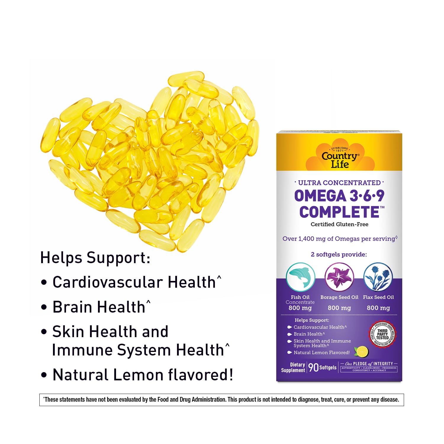 Country Life Omega 3-6-9 label highlighting gluten-free and non-GMO credentials