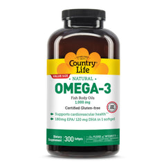 Country Life Omega-3 bottle front view with burpless formula for easy daily use.