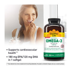 Country Life Omega-3 capsules close-up highlighting EPA and DHA content.
