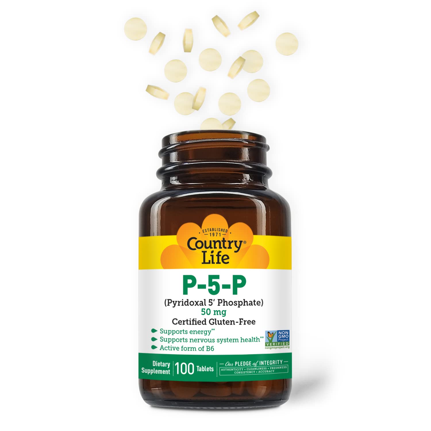 Country Life P-5-P bottle label closeup showing vegan, gluten-free, and non-GMO claims
